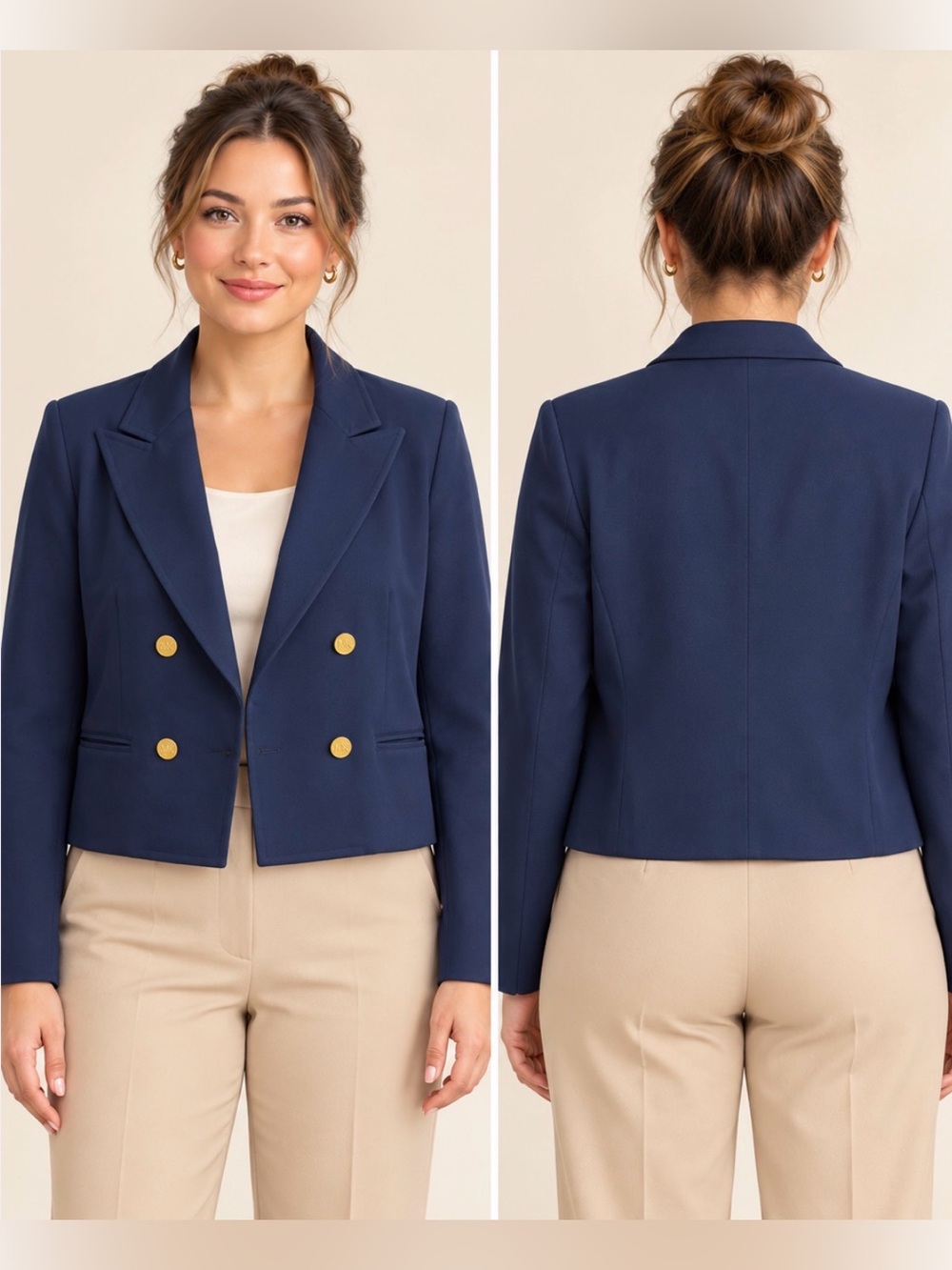 MICHAEL Michael Kors Navy Double Breasted Cropped Blazer Gold Buttons XL